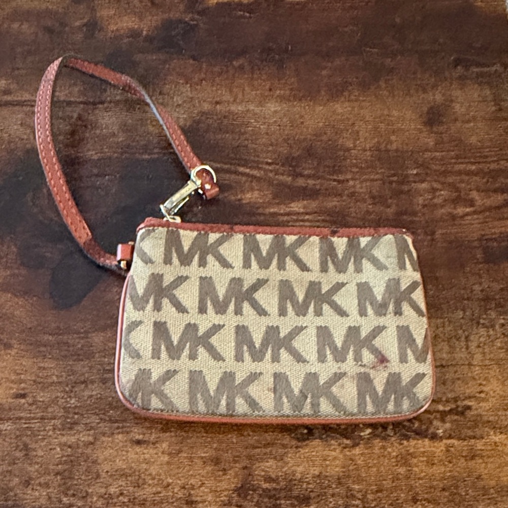 Michael Kors Brown and Tan Monogram Wristlet